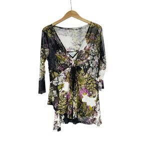 Lynne Ritchie Silver Eclectic Floral Layered Art To Wear Colorful Top Womens M